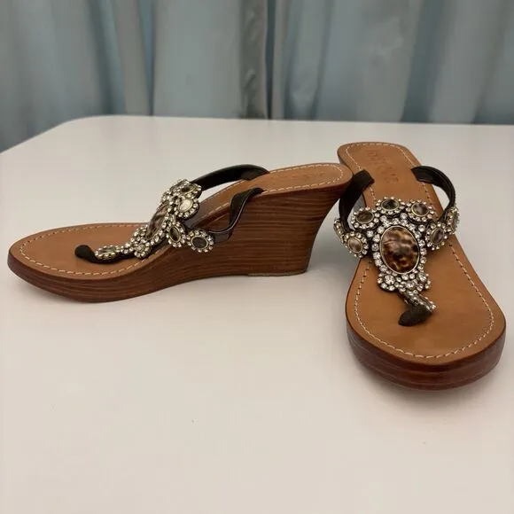 Wedge Thong Sandal Sz 8 Brown Leo Crystal Monique MobWives BarbieCorp Embellish