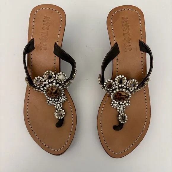 Wedge Thong Sandal Sz 8 Brown Leo Crystal Monique MobWives BarbieCorp Embellish