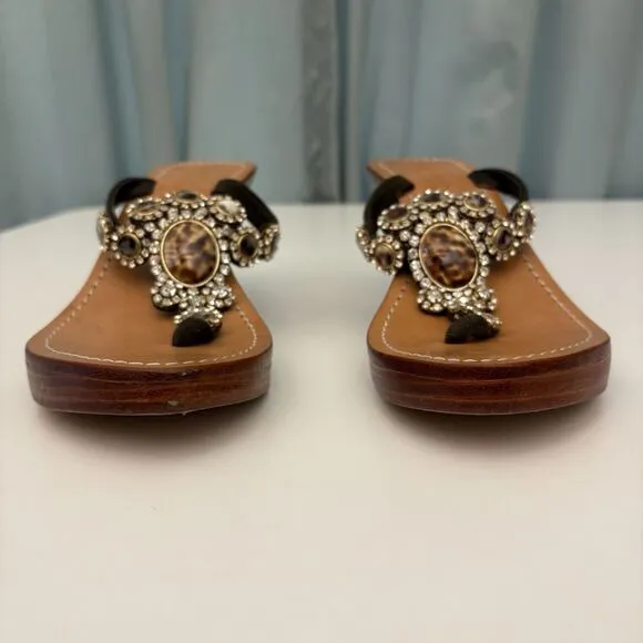 Wedge Thong Sandal Sz 8 Brown Leo Crystal Monique MobWives BarbieCorp Embellish
