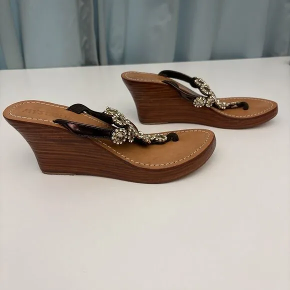 Wedge Thong Sandal Sz 8 Brown Leo Crystal Monique MobWives BarbieCorp Embellish