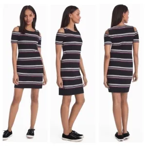 White House Black Market black pink purple stripe cold shoulder knit dress XXS