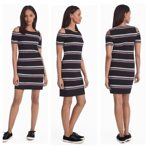 White House Black Market black pink purple stripe cold shoulder knit dress XXS