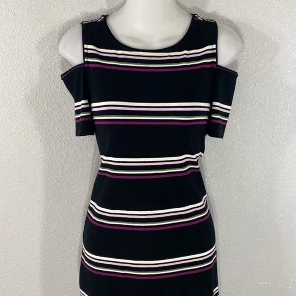 White House Black Market black pink purple stripe cold shoulder knit dress XXS