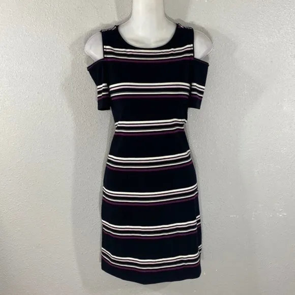 White House Black Market black pink purple stripe cold shoulder knit dress XXS