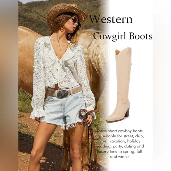 Women Cowboy Knee High Chunky Block Heel Square Toe Tall Riding Boots.  Size 10