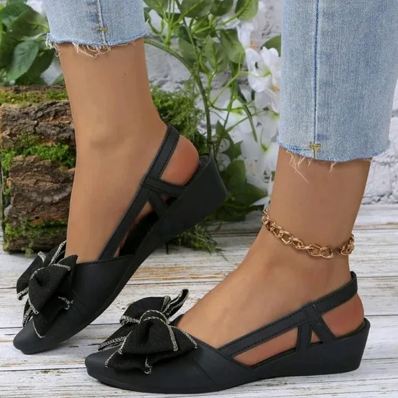 Women Fashion Rhinestone Bow Flat Shoes, Handmade Floral Decoration, Closed Toe