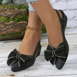 Women Fashion Rhinestone Bow Flat Shoes, Handmade Floral Decoration, Closed Toe