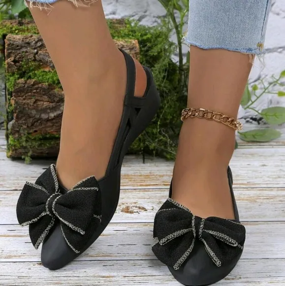 Women Fashion Rhinestone Bow Flat Shoes, Handmade Floral Decoration, Closed Toe