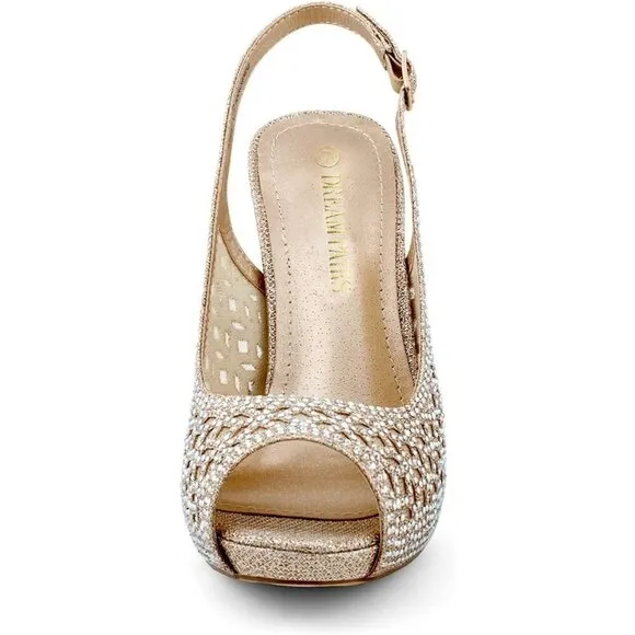 Women Gold High Heels Platform Dress Rhinestones Peep Toe Pumps Shoes