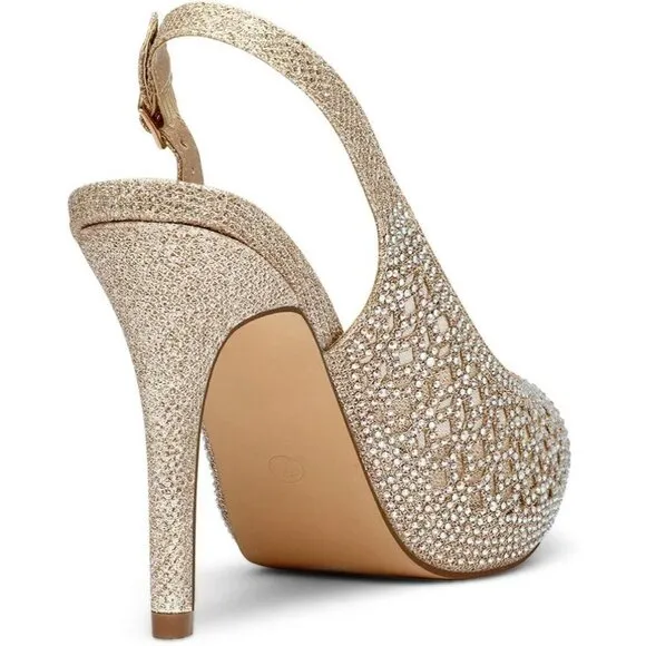 Women Gold High Heels Platform Dress Rhinestones Peep Toe Pumps Shoes