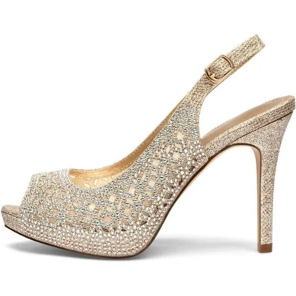 Women Gold High Heels Platform Dress Rhinestones Peep Toe Pumps Shoes