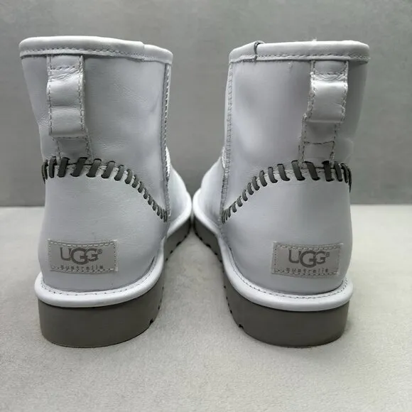 Womens 11 / Mens 9 UGG Classic Mini Deco Ankle Boots White Leather Sheepskin