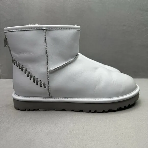 Womens 11 / Mens 9 UGG Classic Mini Deco Ankle Boots White Leather Sheepskin