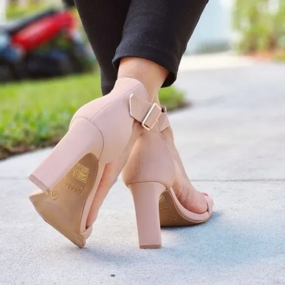 Women's Ankle Strap Block Heel Dress Sandals Nude Color