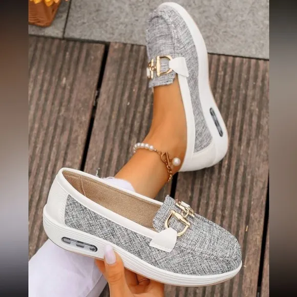 Women's Gray Vegan Leather Loafers with Gold Buckle