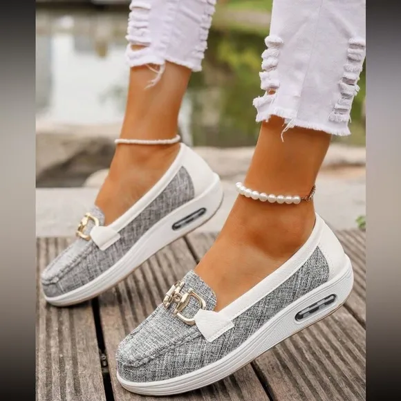Women's Gray Vegan Leather Loafers with Gold Buckle