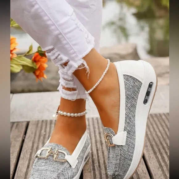 Women's Gray Vegan Leather Loafers with Gold Buckle