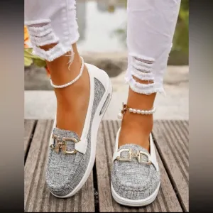 Women's Gray Vegan Leather Loafers with Gold Buckle
