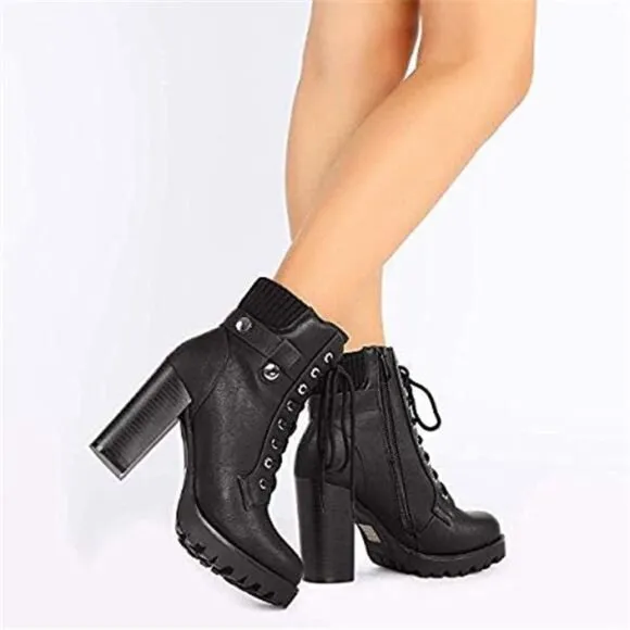Women's Lace up Combat Ankle Boots High Chunky Heel Heeled Booties Shoes