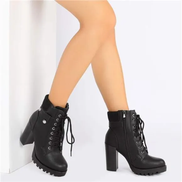 Women's Lace up Combat Ankle Boots High Chunky Heel Heeled Booties Shoes