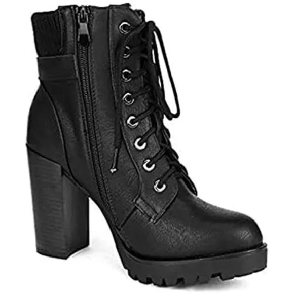 Women's Lace up Combat Ankle Boots High Chunky Heel Heeled Booties Shoes