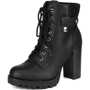 Women's Lace up Combat Ankle Boots High Chunky Heel Heeled Booties Shoes