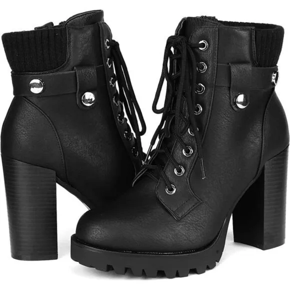 Women's Lace up Combat Ankle Boots High Chunky Heel Heeled Booties Shoes