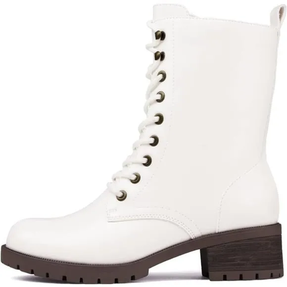Women's Lace-up Combat Boots Mid-calf Military Winter Boots, White