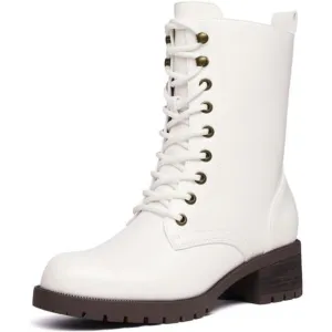 Women's Lace-up Combat Boots Mid-calf Military Winter Boots, White