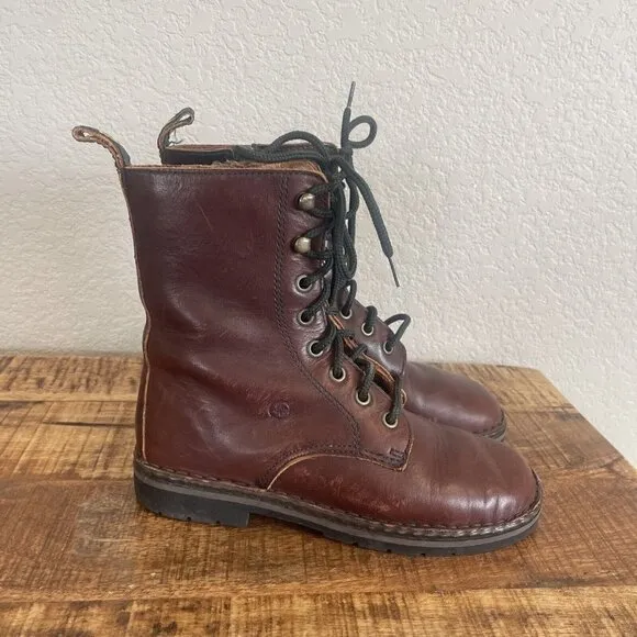 Women's Size 6.5M Born Lace Up Combat Trooper Boots Brown Side Zip Leather