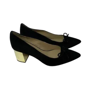 Women’s Size 8.5M Ann Taylor Black Suede Pumps Gold Block Heel Bow Pointed Toe