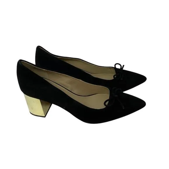 Women’s Size 8.5M Ann Taylor Black Suede Pumps Gold Block Heel Bow Pointed Toe