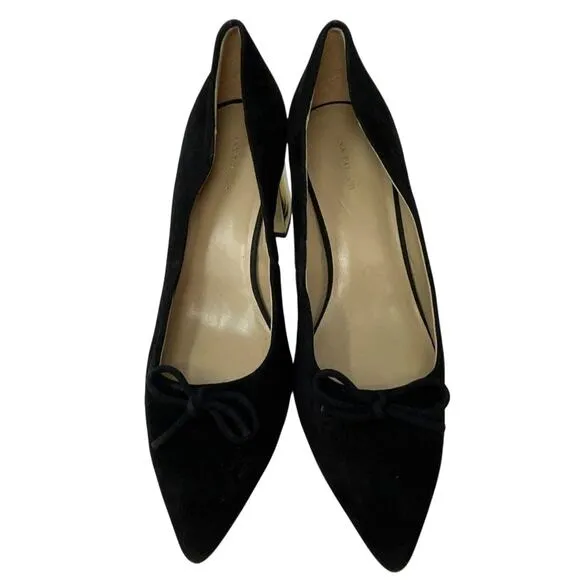 Women’s Size 8.5M Ann Taylor Black Suede Pumps Gold Block Heel Bow Pointed Toe