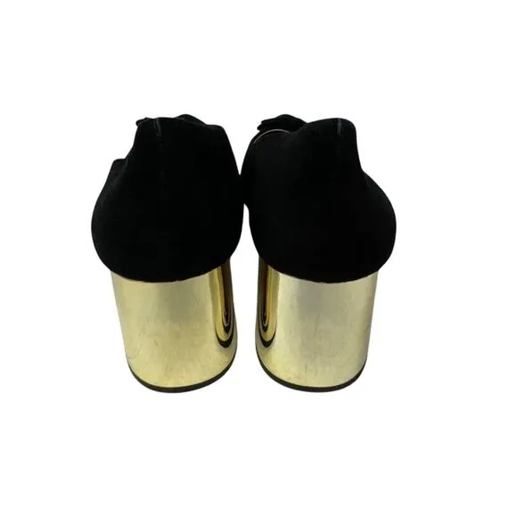 Women’s Size 8.5M Ann Taylor Black Suede Pumps Gold Block Heel Bow Pointed Toe