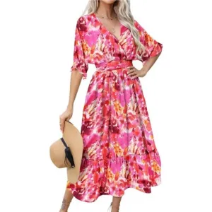 Women's Summer Floral Midi Dress Chiffon Casual Short Sleeve Long Dress