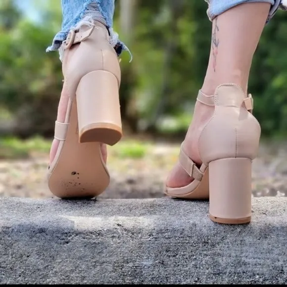 Womens Triple Straps Low Chunky Heels Sandals Nude Color