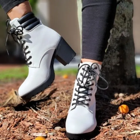 Women's White‎ Chunky Block High Heel Ankle Booties