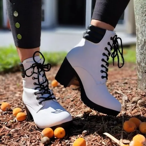 Women's White‎ Chunky Block High Heel Ankle Booties