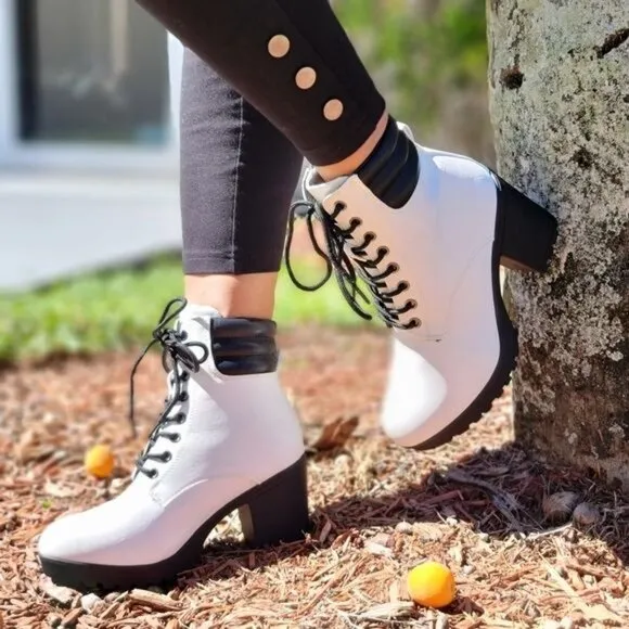 Women's White‎ Chunky Block High Heel Ankle Booties