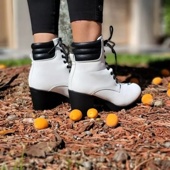 Women's White‎ Chunky Block High Heel Ankle Booties