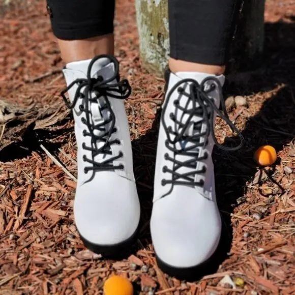Women's White‎ Chunky Block High Heel Ankle Booties