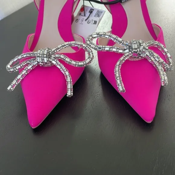 Women’s Zara Pink Slingback Heel Satin Effect Rhinestone Bow Shoes US 6