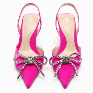 Women’s Zara Pink Slingback Heel Satin Effect Rhinestone Bow Shoes US 6