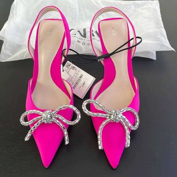 Women’s Zara Pink Slingback Heel Satin Effect Rhinestone Bow Shoes US 6