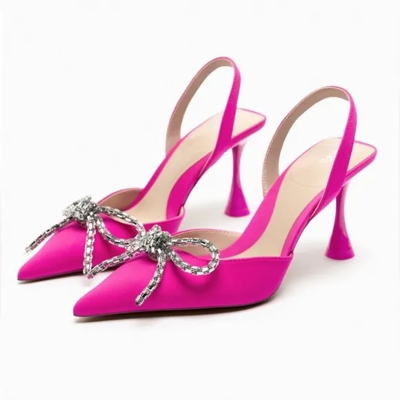 Women’s Zara Pink Slingback Heel Satin Effect Rhinestone Bow Shoes US 6