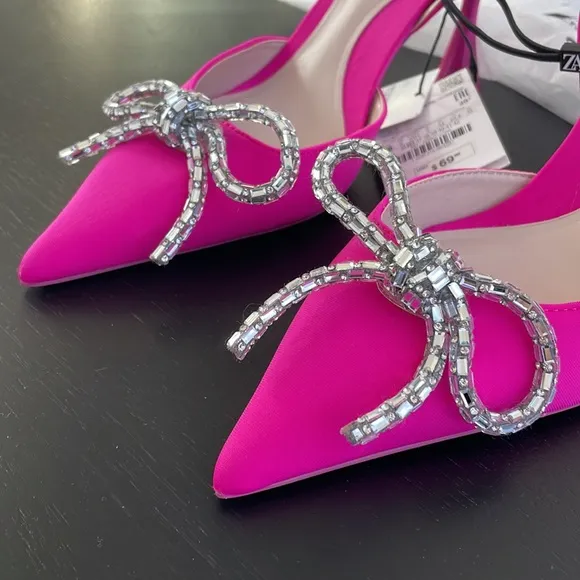Women’s Zara Pink Slingback Heel Satin Effect Rhinestone Bow Shoes US 6