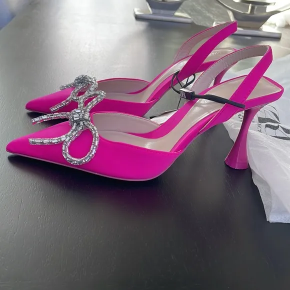 Women’s Zara Pink Slingback Heel Satin Effect Rhinestone Bow Shoes US 6