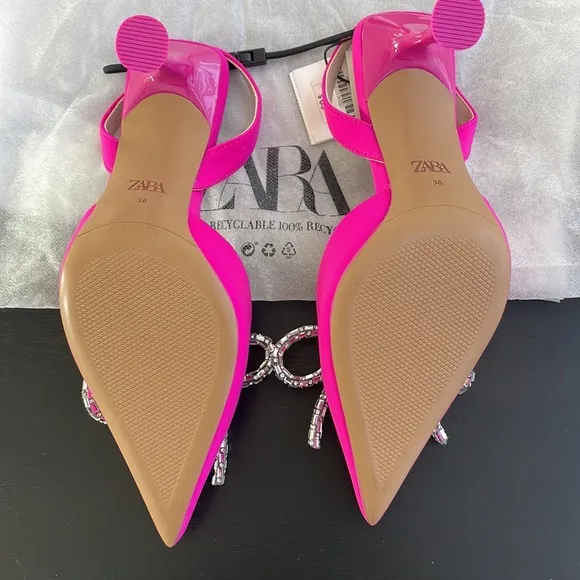 Women’s Zara Pink Slingback Heel Satin Effect Rhinestone Bow Shoes US 6