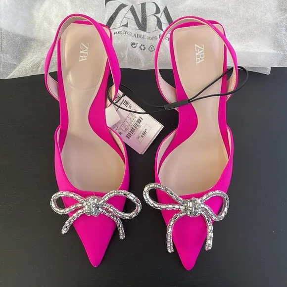Women’s Zara Pink Slingback Heel Satin Effect Rhinestone Bow Shoes US 6