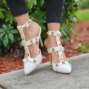 Women's White Rockstud Ankle Strap Pump